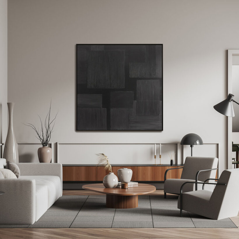 Modern relax interior with couch and chairs, dresser and mockup