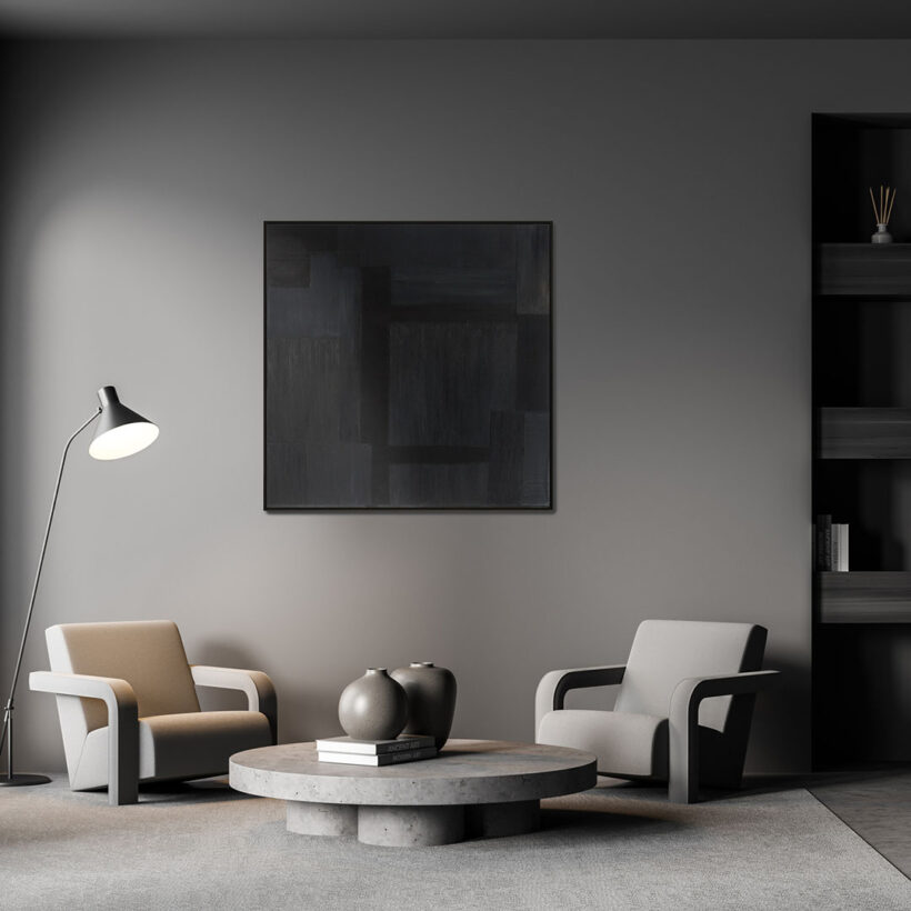 Dark grey living room with arch window and niche bookshelf