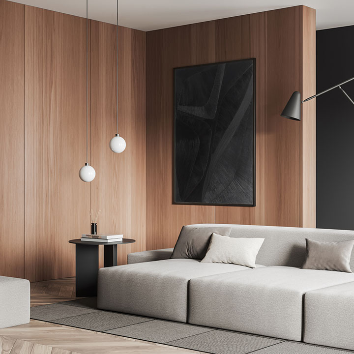 Corner view on bright living room interior with empty poster